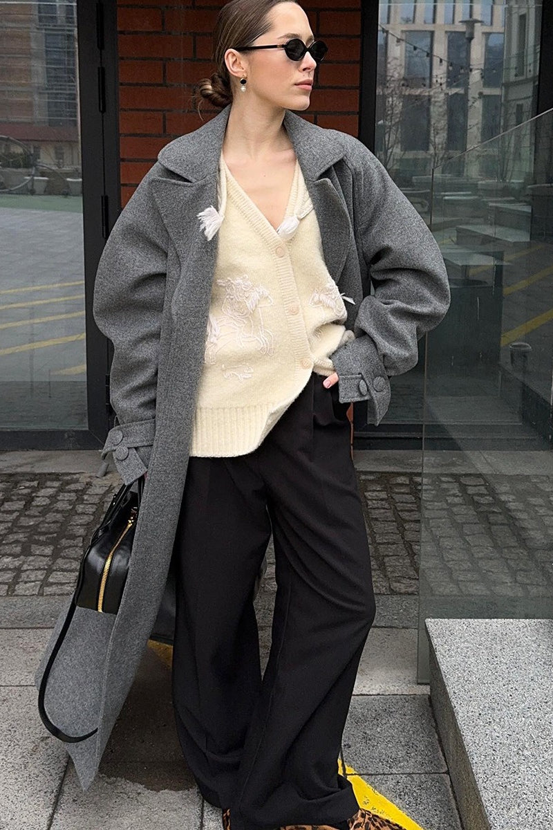 Longline Wool Blend Tie Waist Loose Elegant Overcoat