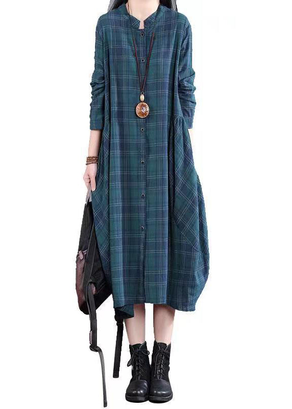 Plaid Check Print Stand Collar Button Down Shirt Midi Dress - View 5