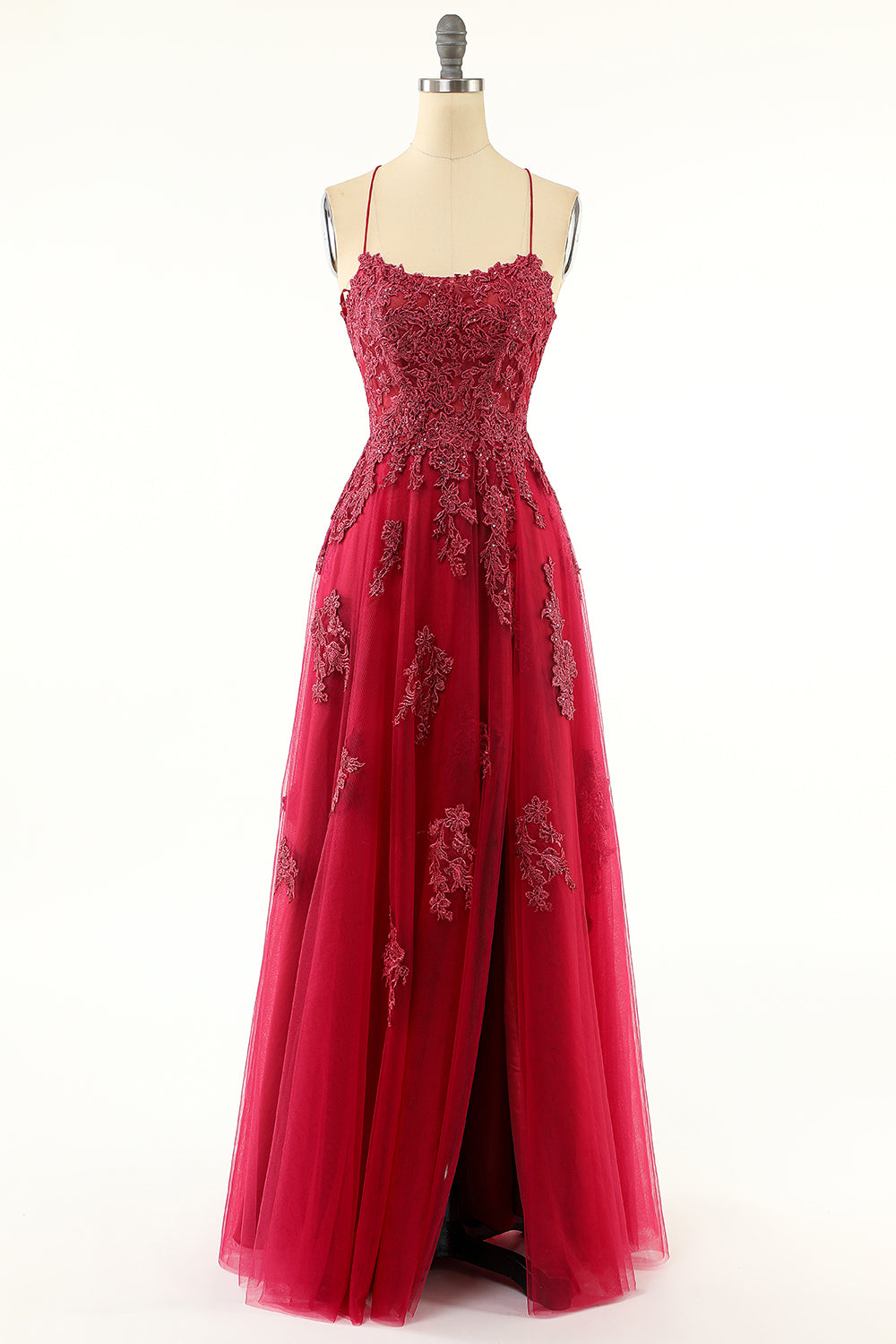 Lavender Tulle Long Prom Dress with Lace - Fashionpara