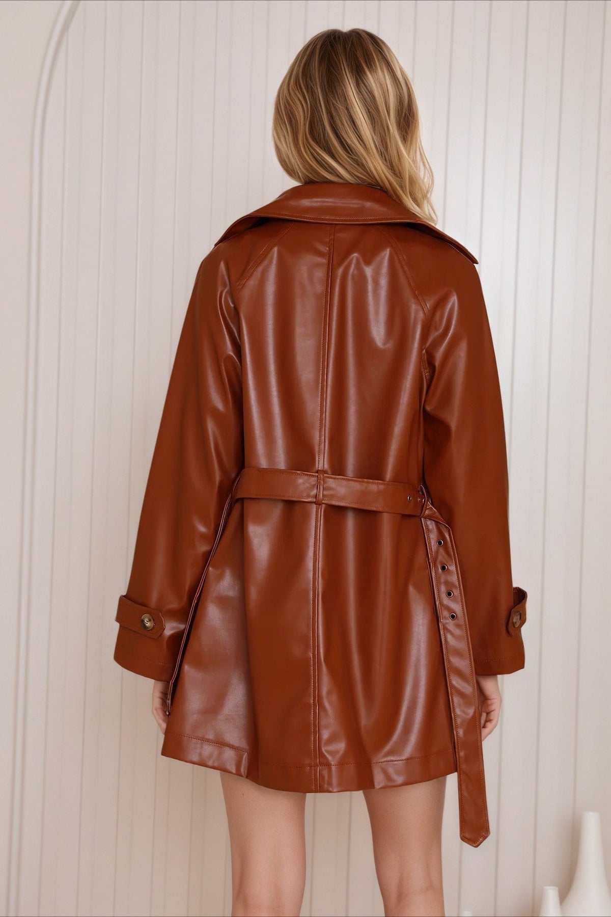 Brown Chic Mid-Length Fitted Leather Coat