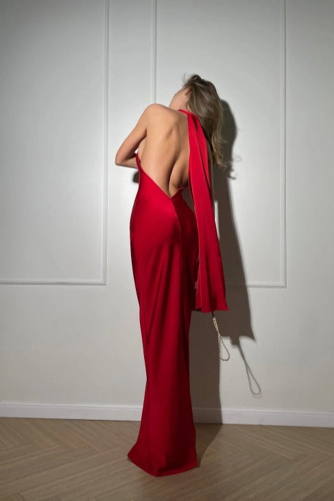Backless Satin Solid Silk Dress in Black - View 8