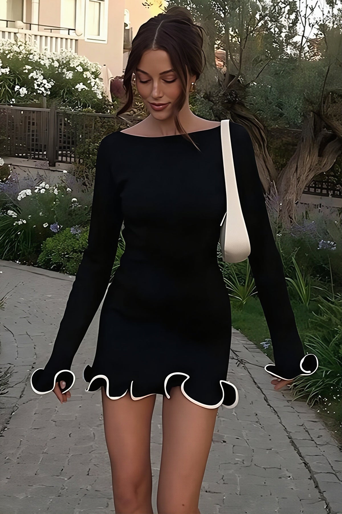 Contrast Ruffle Long Sleeve Knit Mini Dress