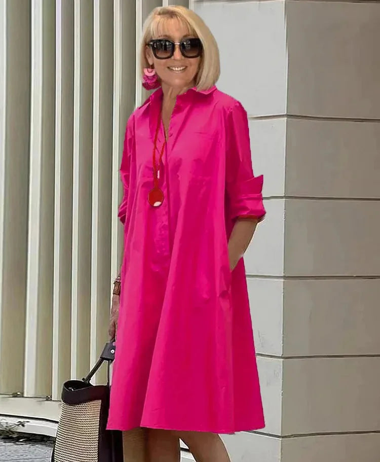 Collared Button Down Long Sleeve Side Pocket Relaxed Midi Shirt Dress - View 2
