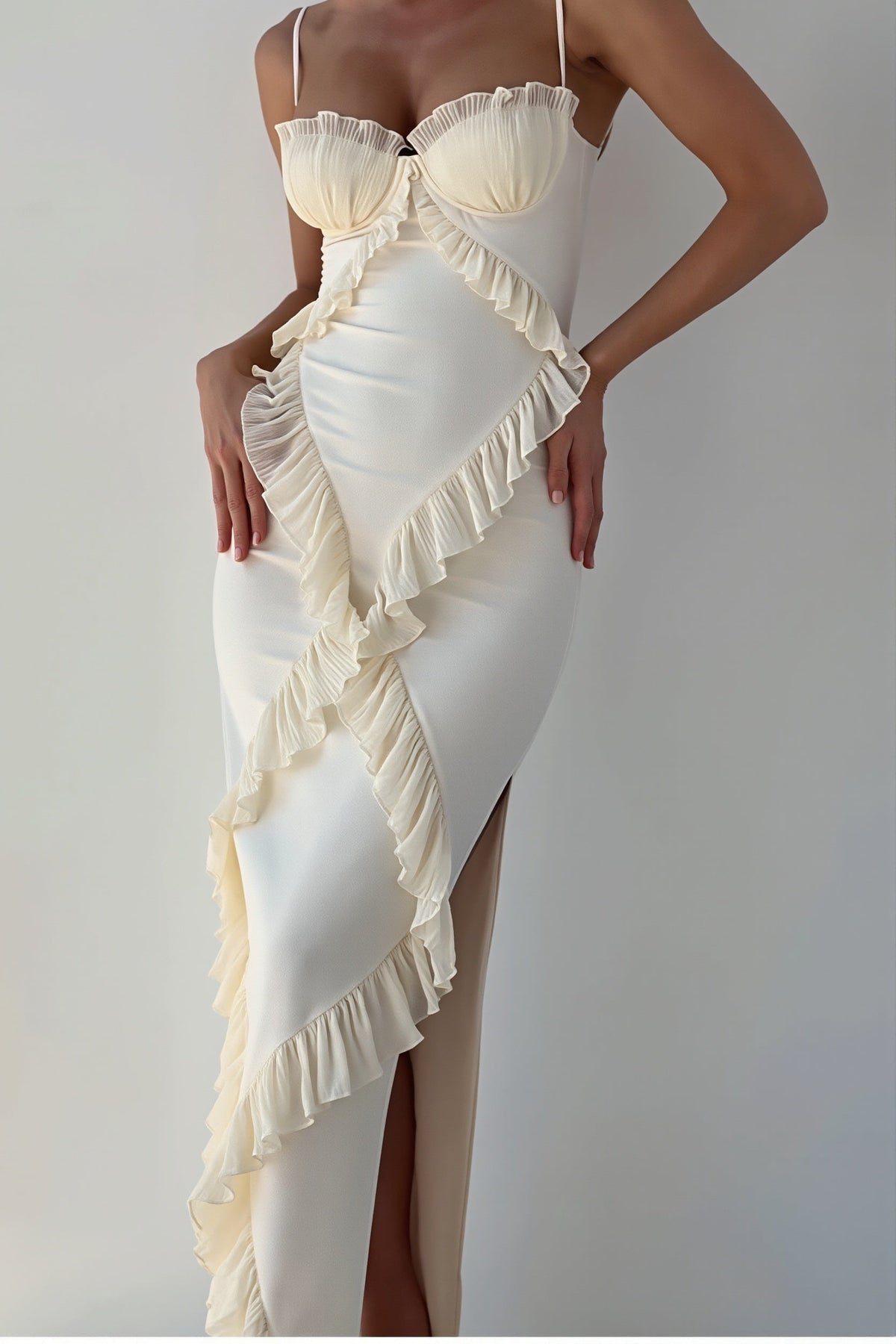Corset Bust Cascade Ruffle High Split Maxi Dress
