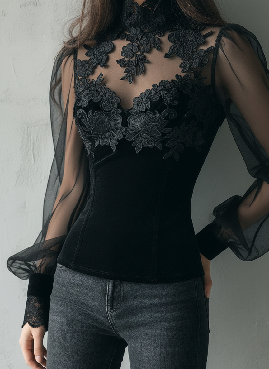 Elegant Black Velvet Lace Sheer Balloon Sleeve Blouse - Fashionpara