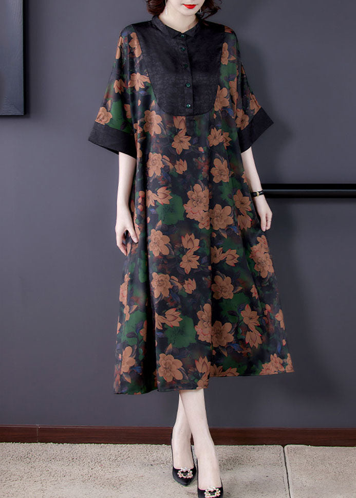 Floral Print Contrast Yoke Button Collar Wide A-Line Midi Dress - View 3