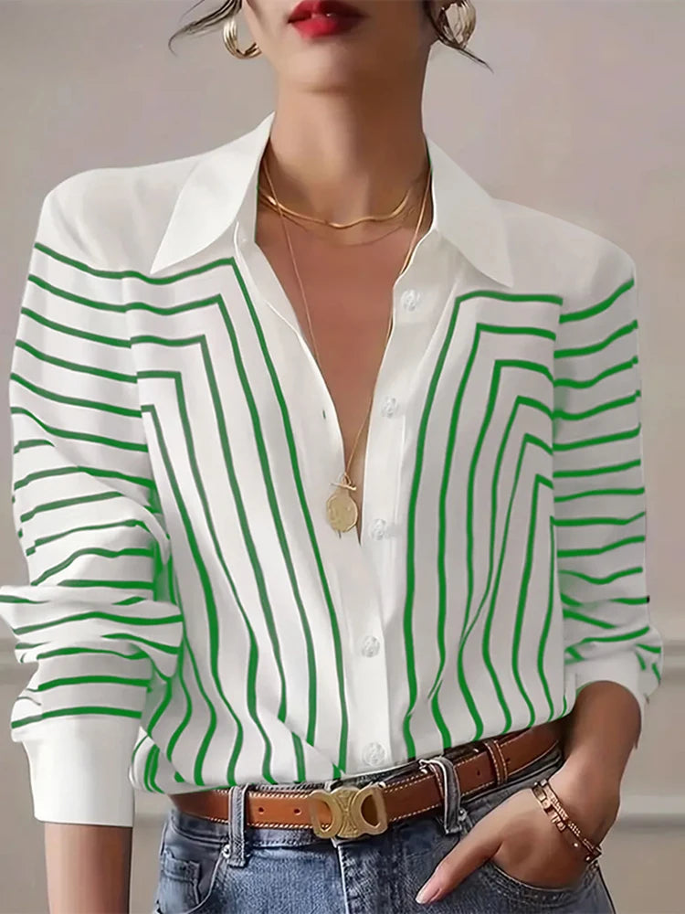Stripe Printed O-neck Blouse Office Wear Blouse