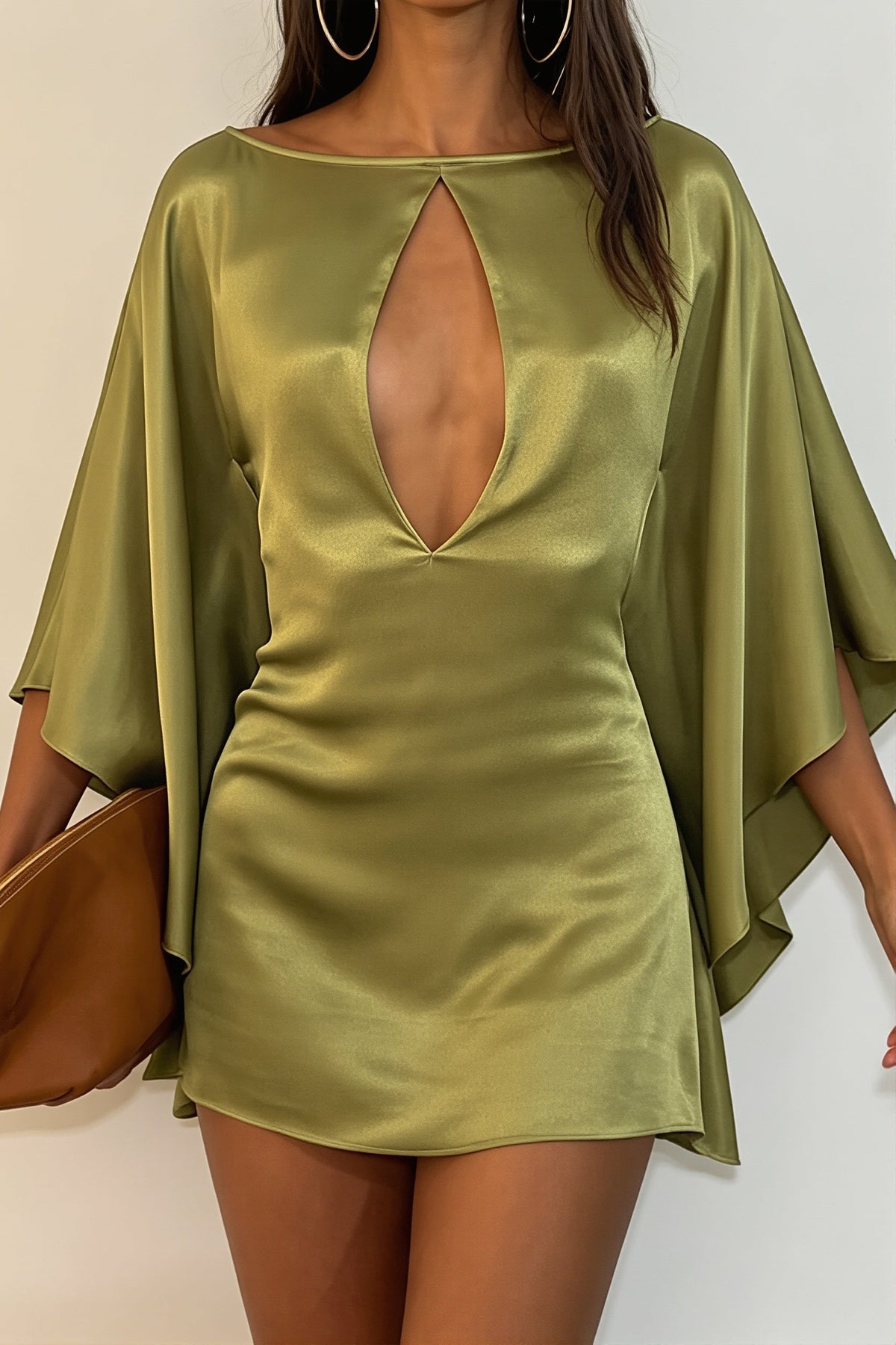 Satin Keyhole Cut Out Cape Sleeve Mini Dress