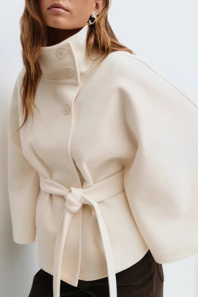 Belted Trench Coat with Cape Collar - Elegant Solid Color
