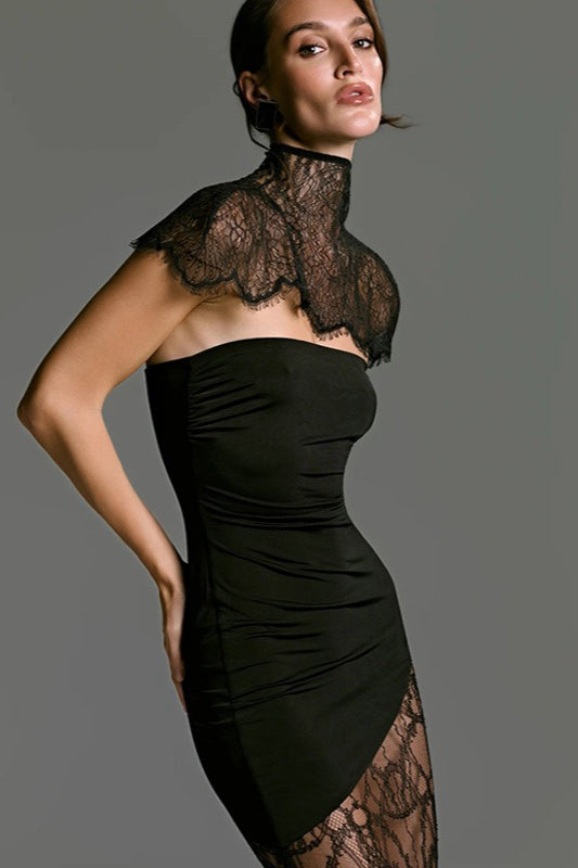 Lace Strapless Asymmetric Hem Maxi Dress