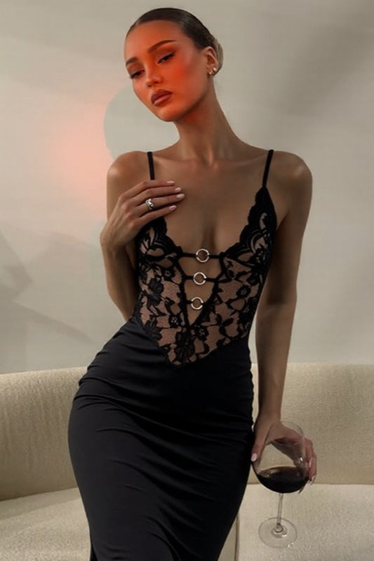 Lace Bodice Spaghetti Strap Ring-Detail Bodycon Dress