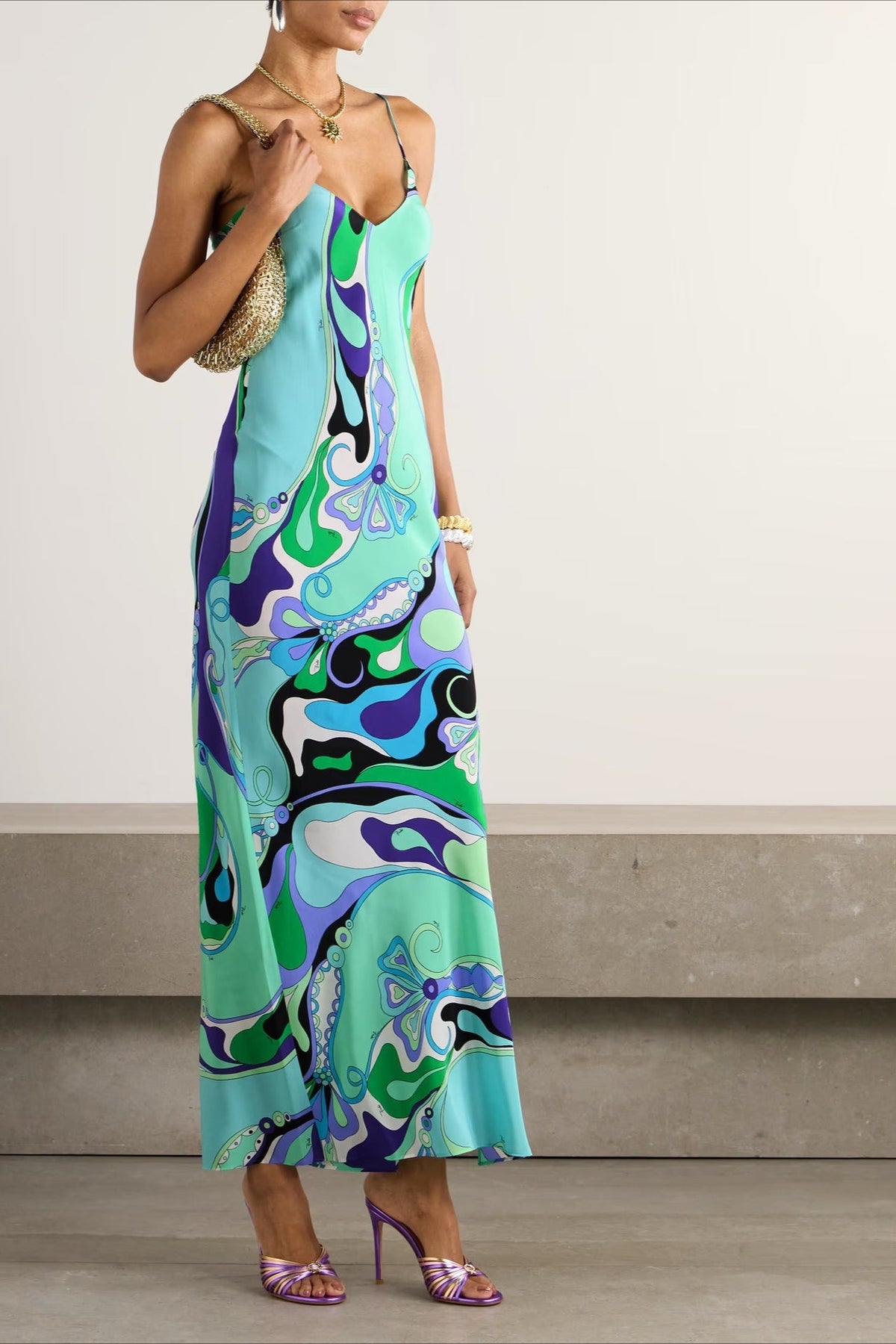 Swirl Print V-Neck Spaghetti Strap Slip Maxi Dress