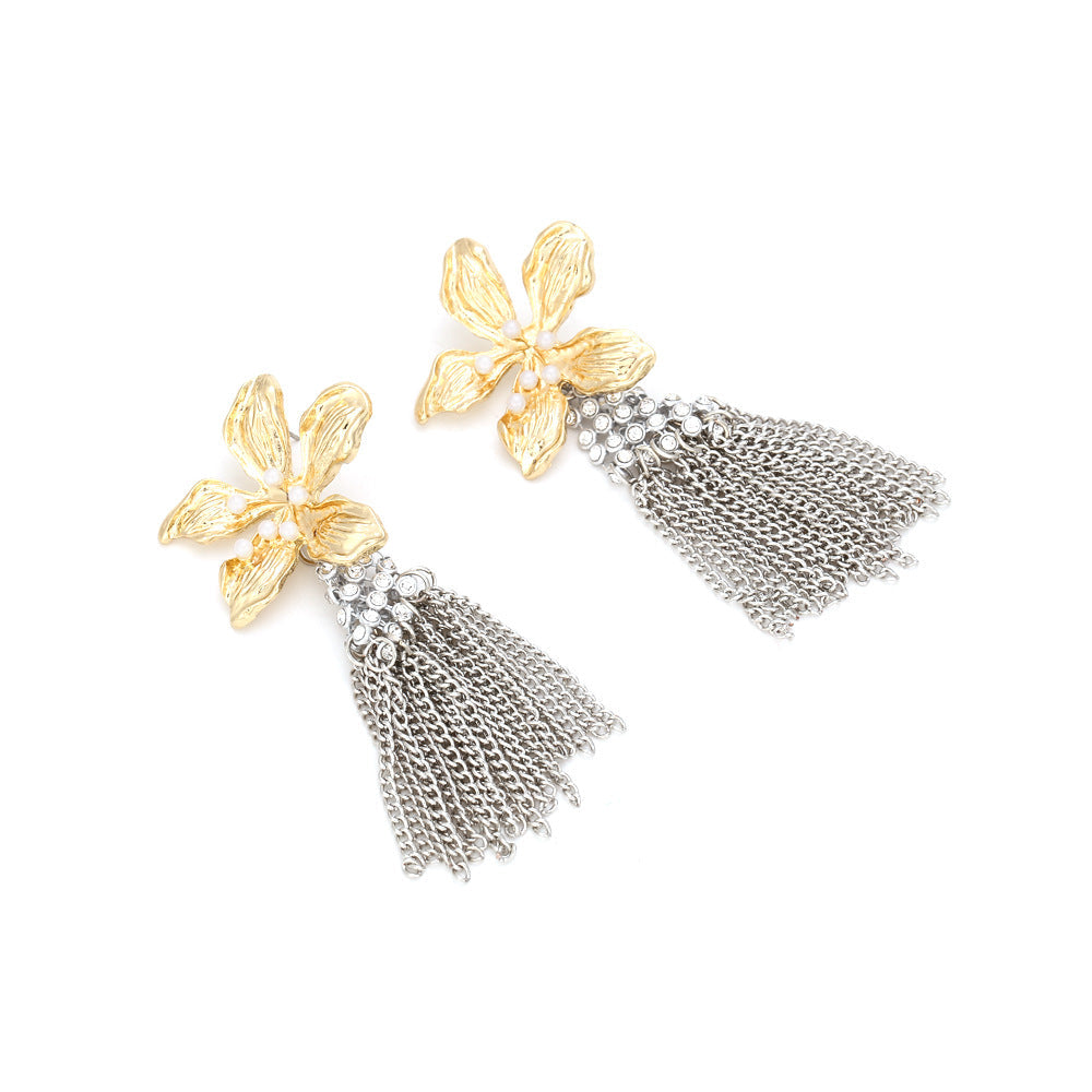 Rhinestone Pearl Flower Tassel Earrings