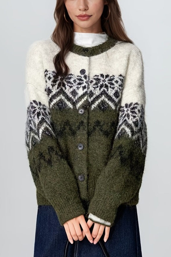 Snowflake Jacquard Knit Cardigan for Cozy Winter Style