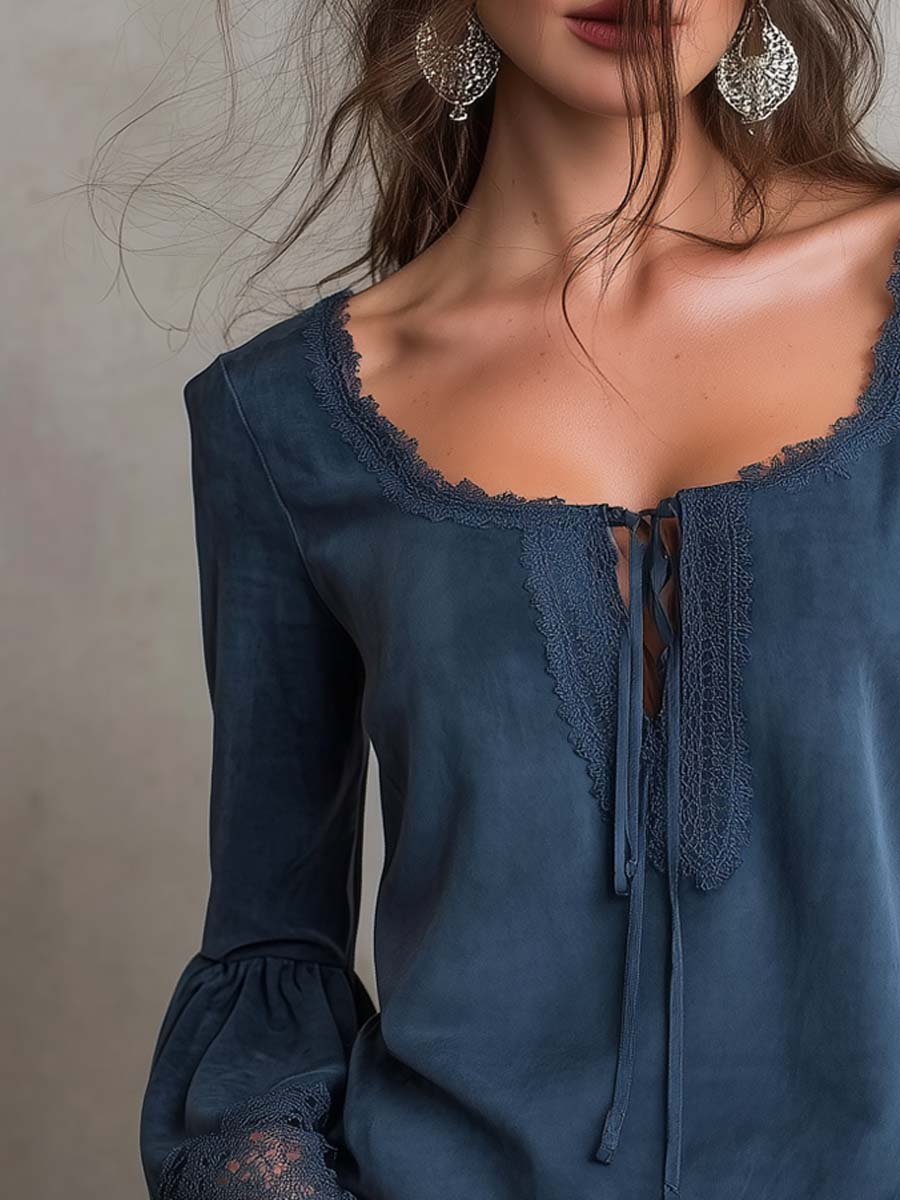 Vintage Lace-trimmed Polyester Suede Blouse