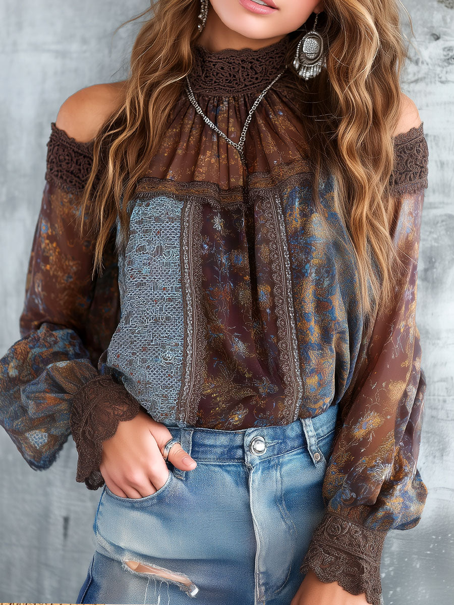 Boho Vintage Cold-Shoulder Sheer Floral Lace Patchwork Blouse - Fashionpara