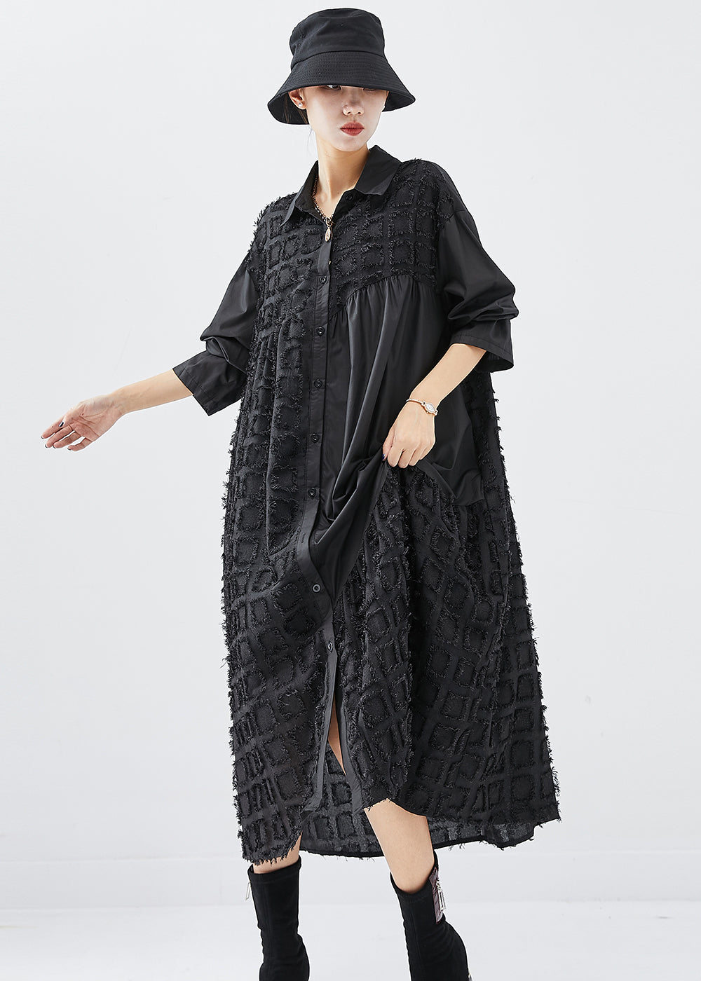 Oversized Button Front Collar Textured Grid Patchwork Midi Shirt Dress