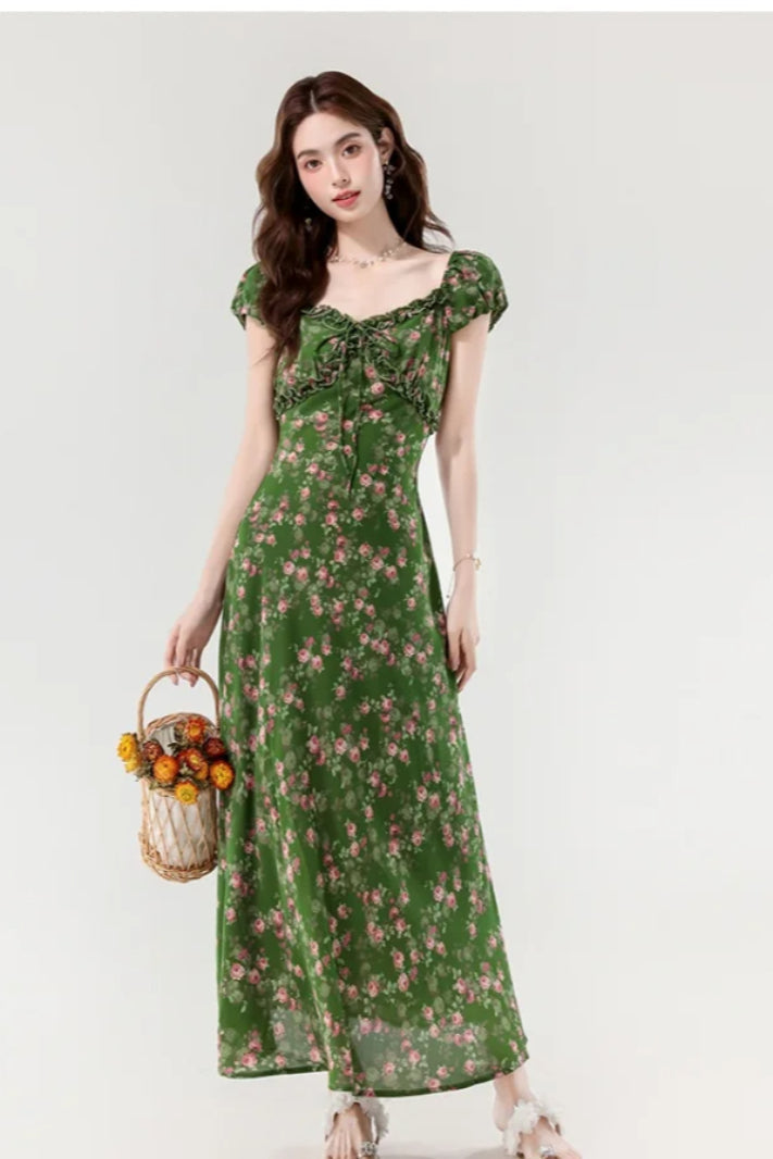 Floral Print Sweetheart Ruffle Puff Sleeve A-Line Maxi Dress