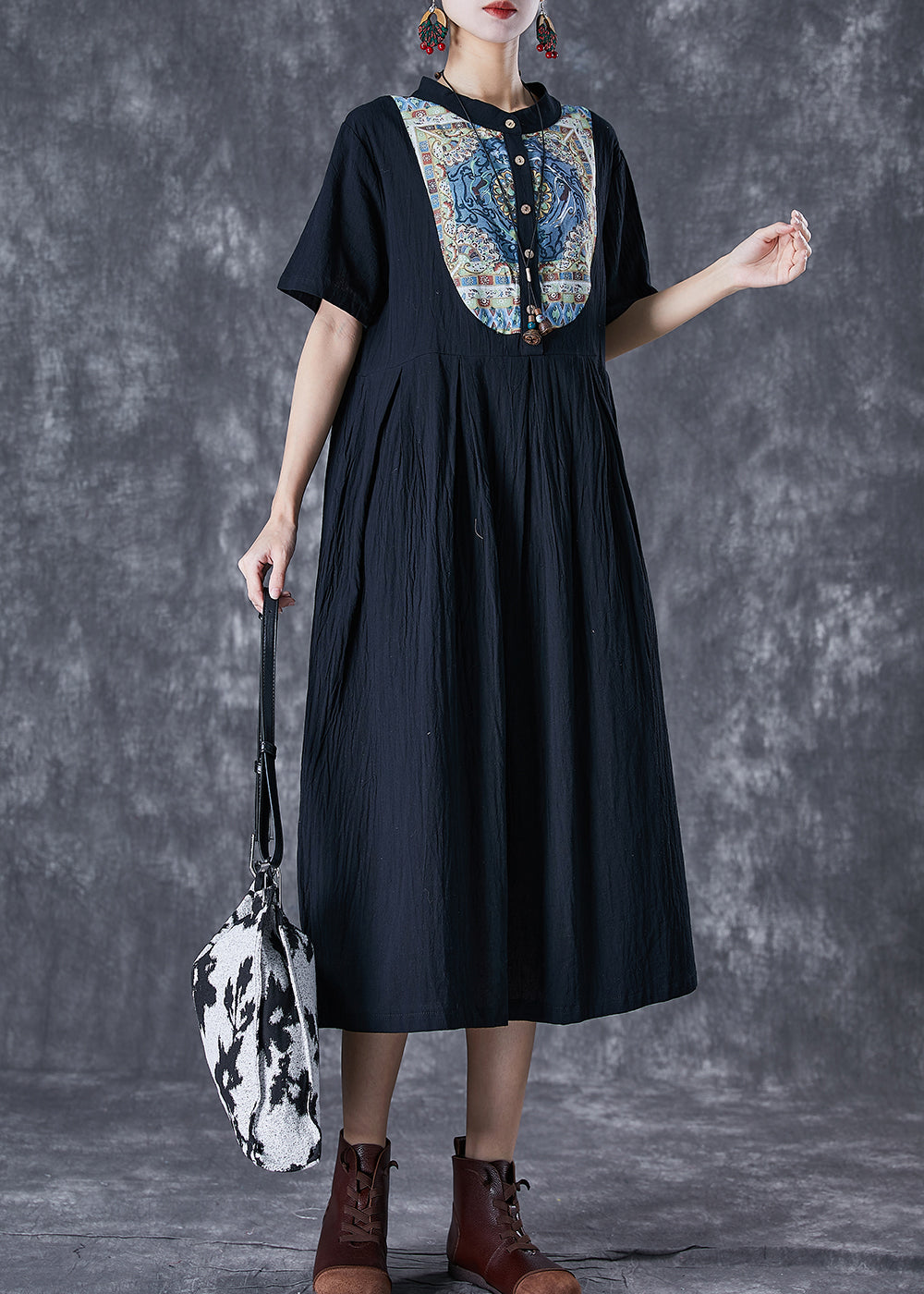 Stand Collar Short Sleeve Crinkle Woven Bib Panel Midi Dress - View 3