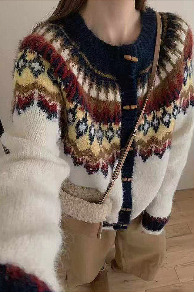 Fair Isle Knit Cardigan with Horn Buttons for Winter Style