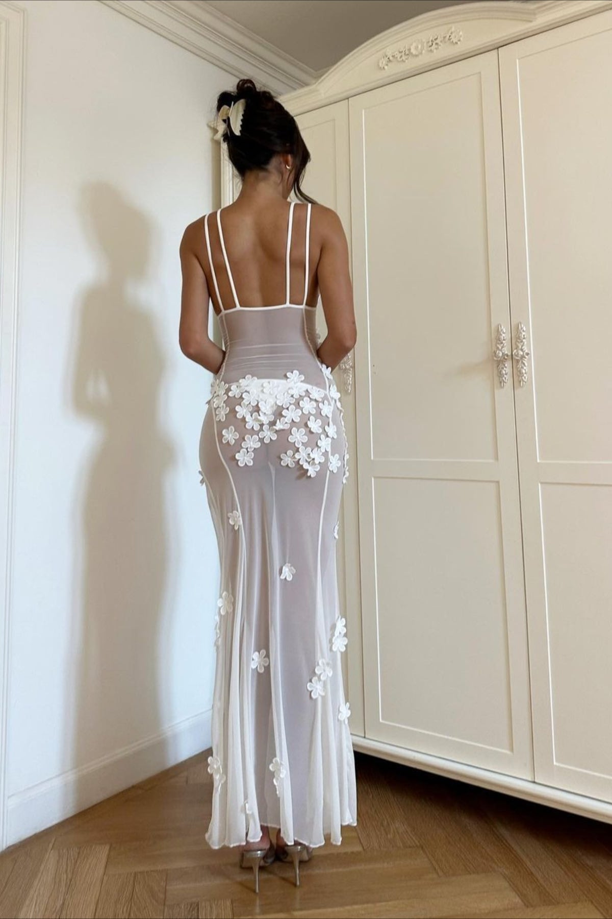 3D Floral Mesh Deep V-Neck Bodycon Maxi Dress