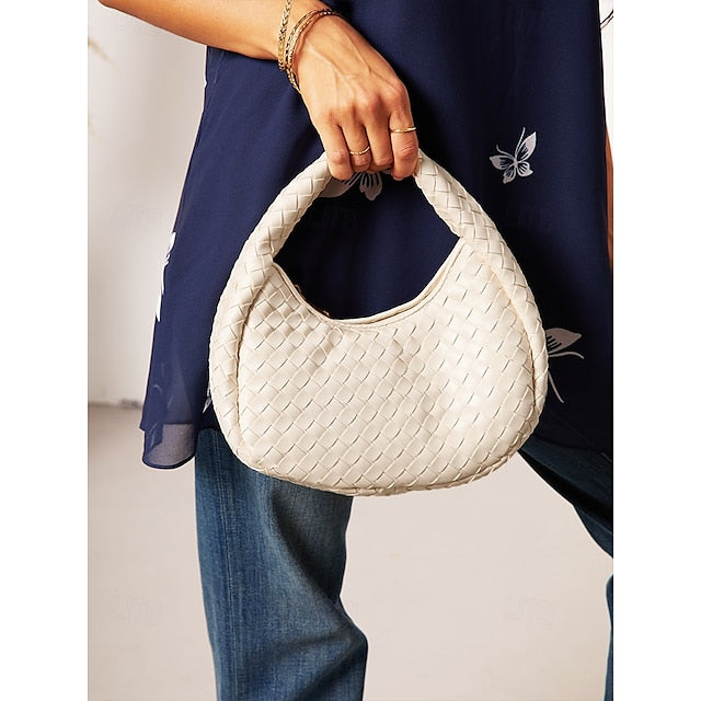 Leather Round Woven Chic Elegant Ivory Hobo Bag