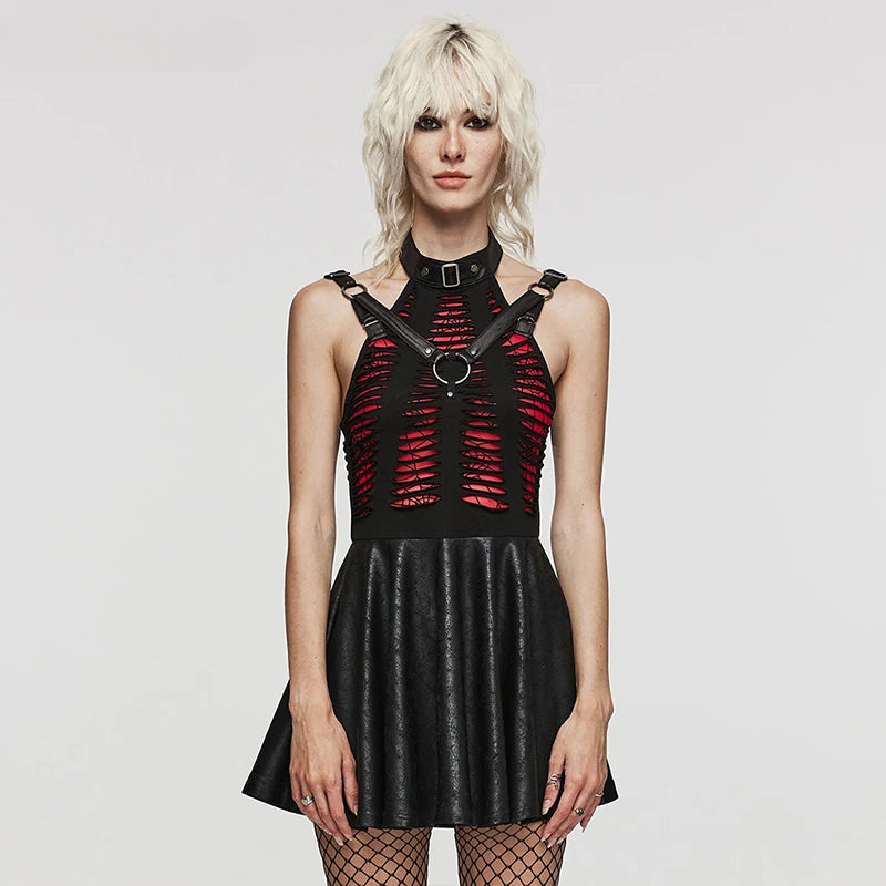 Distressed High Neck Sleeveless Harness Mini Dress