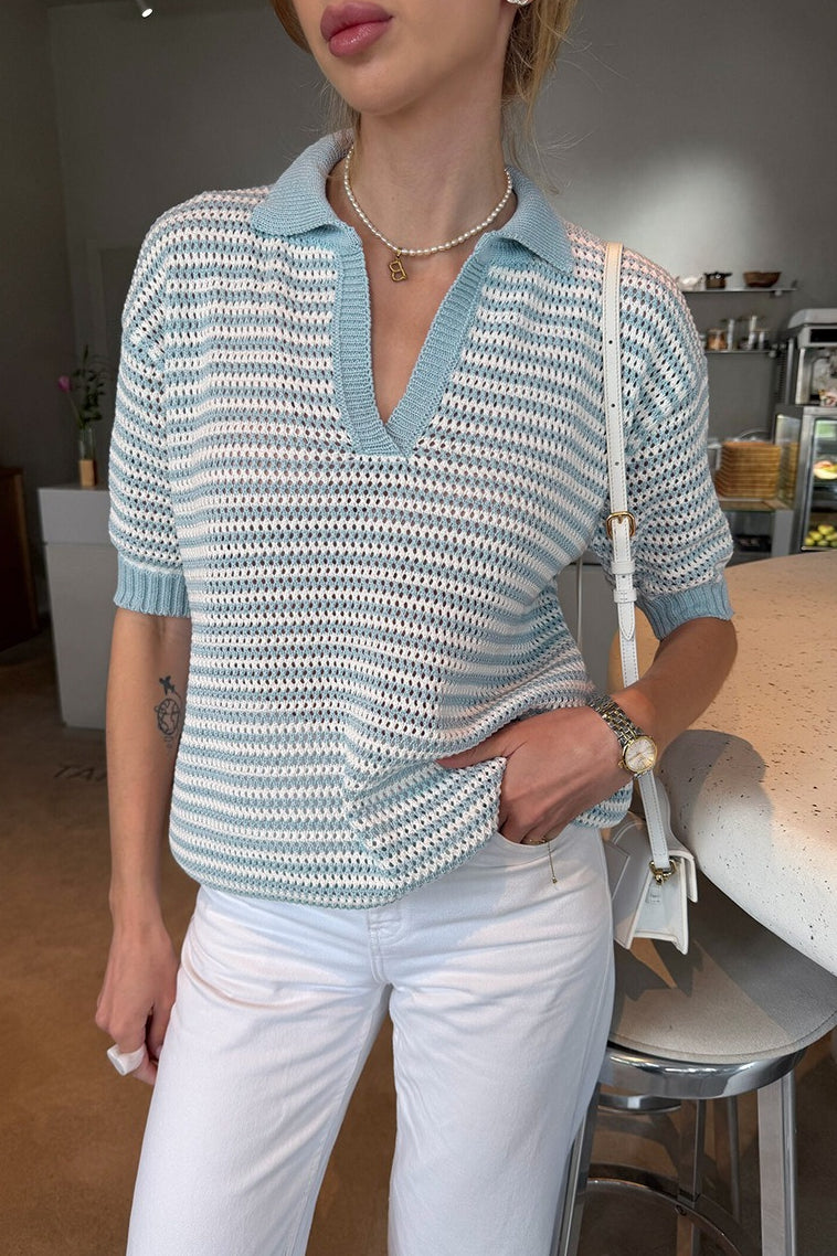 Striped Open Collar Short Sleeve Knit Sweater 8
