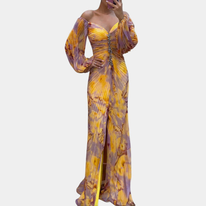 Off Shoulder Long Sleeve Tie Dye High Split Maxi Dress