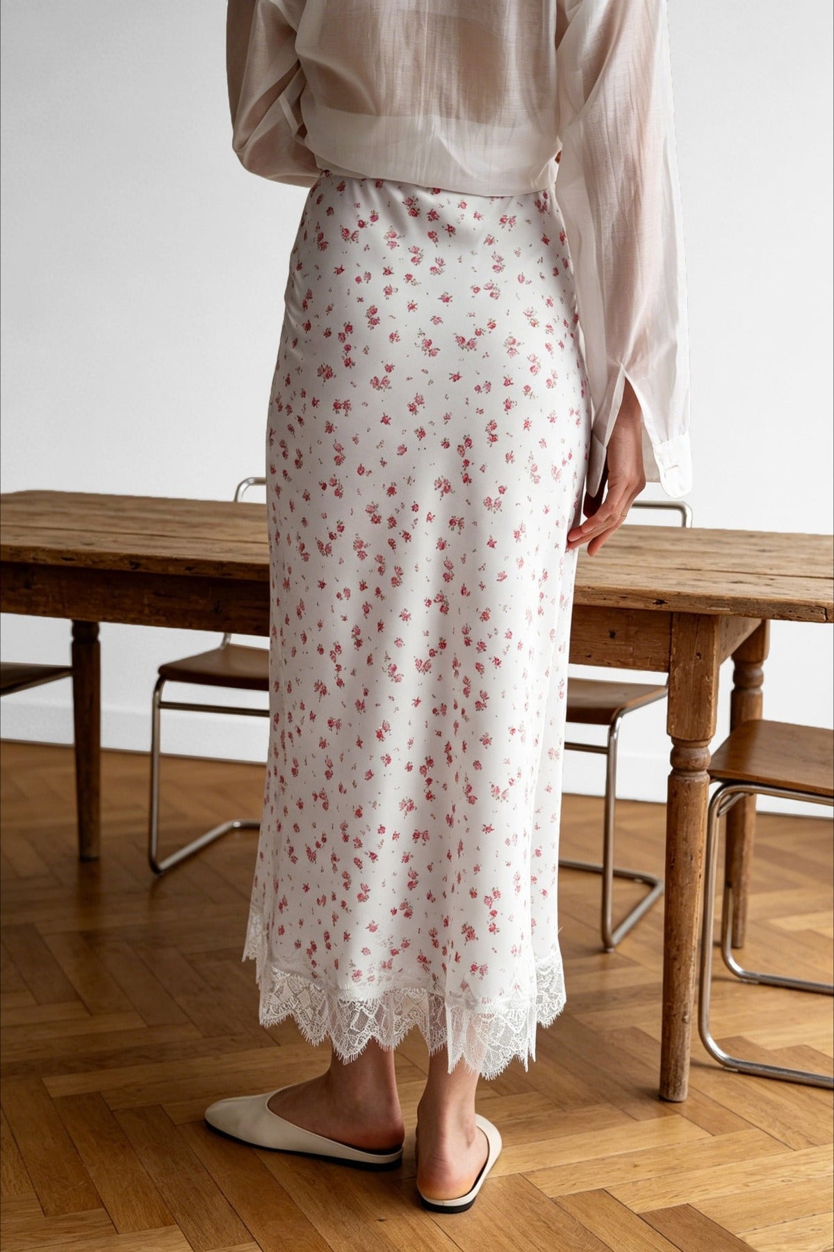 Floral Lace-Hem Maxi Skirt