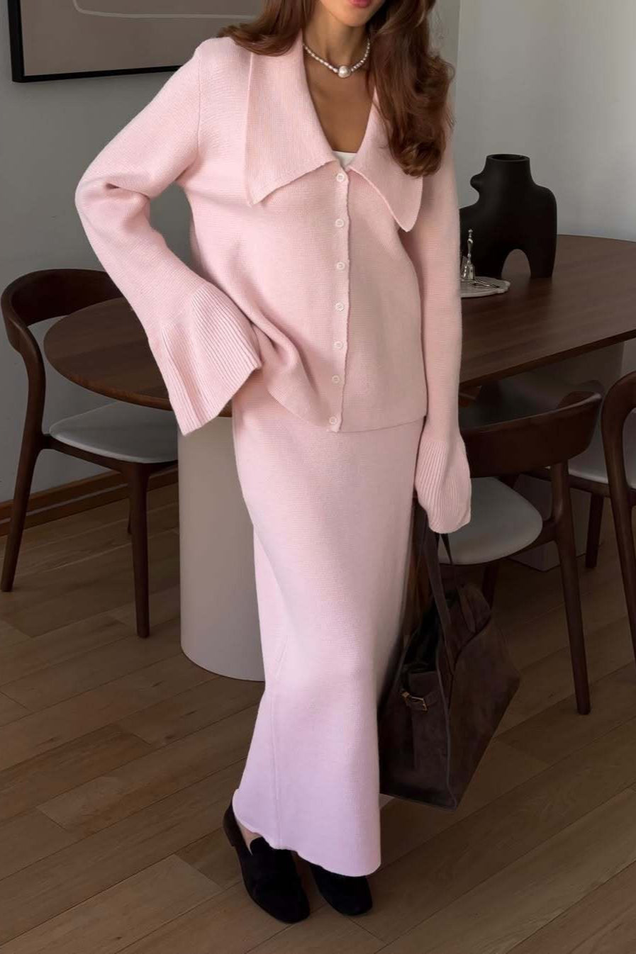 Elegant Pink Bell-Sleeve Cardigan and Straight Skirt Set