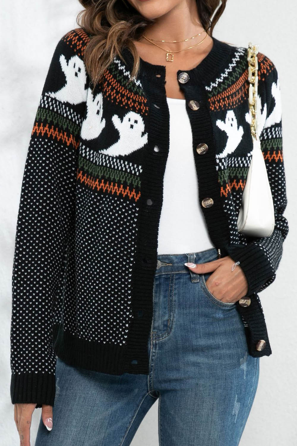 Halloween Ghost Retro Polka Dot Long Sleeve Knitted Cardigan Sweater - Fashionpara