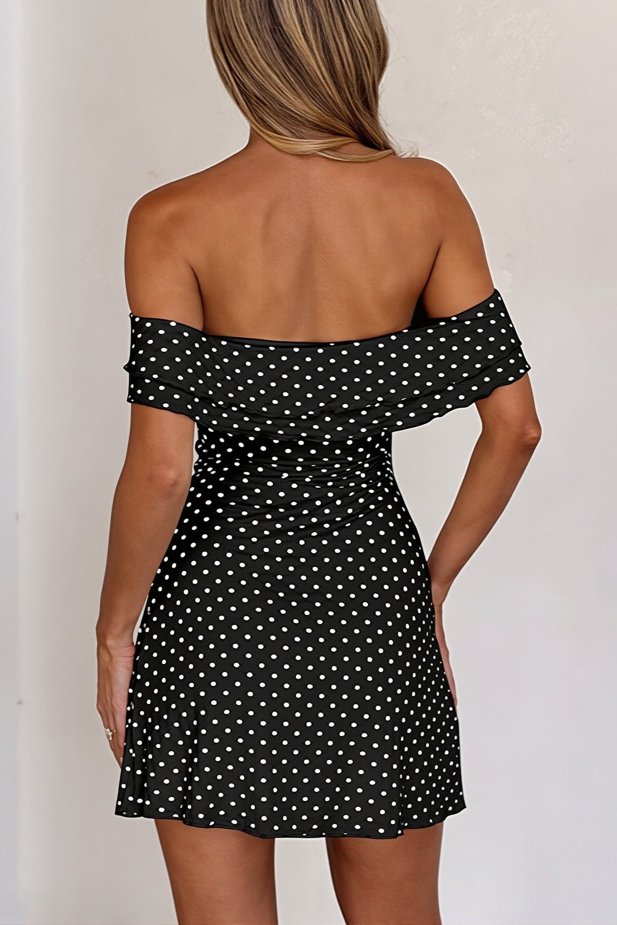 Polka Dot Off Shoulder Twist Front Mini Dress