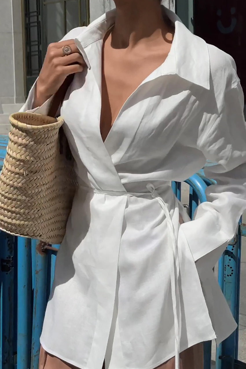 Cotton Linen Tie Long Sleeve Blouse - Fashionpara