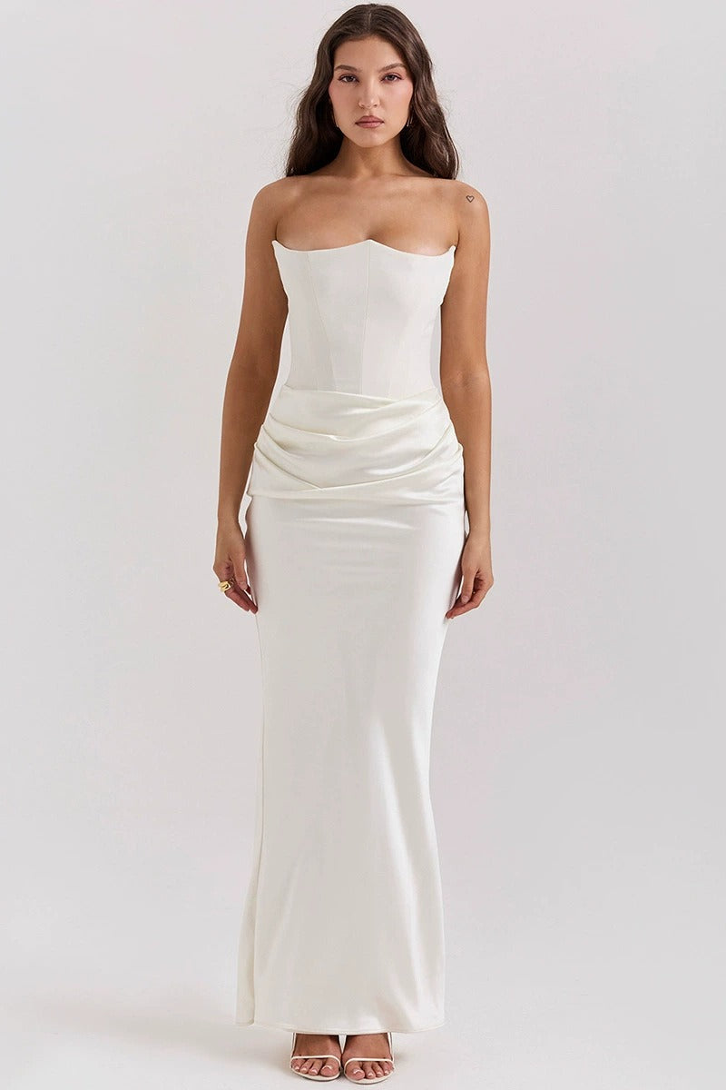 Satin Strapless Corset Ruched Mermaid Maxi Gown