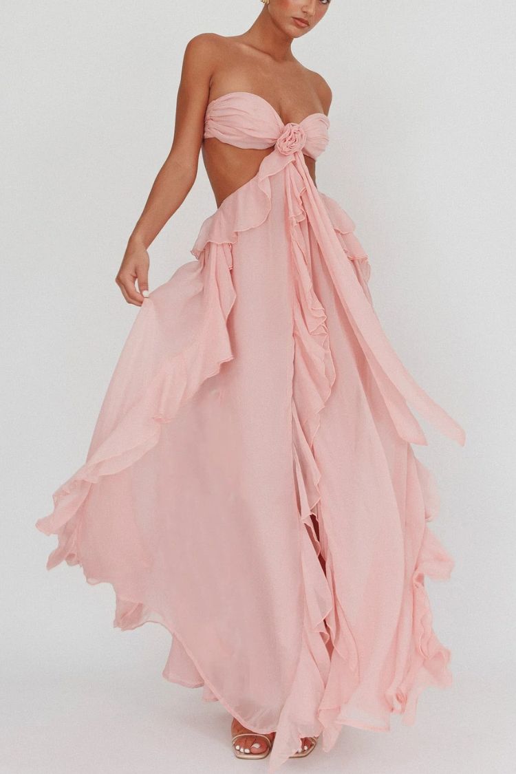 Gorgeous Vacation Halter Rose Detail Cut Out Ruffles Backless Maxi Dress - Fashionpara