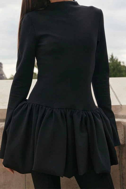 Fitted High-Neck Long-Sleeve Bubble-Hem Mini Dress