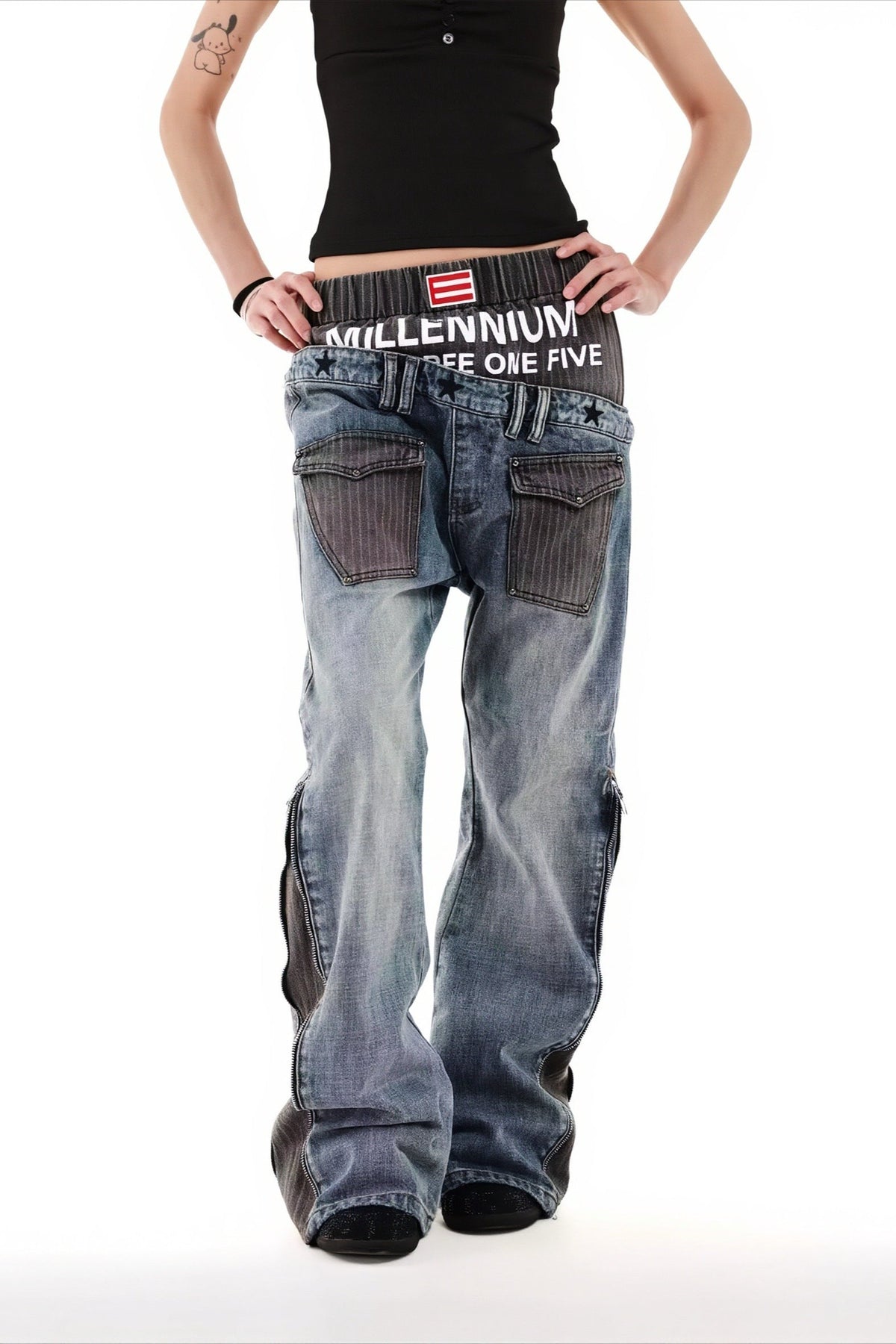 Double Waist Stripe Panel Baggy Streetwear Jeans