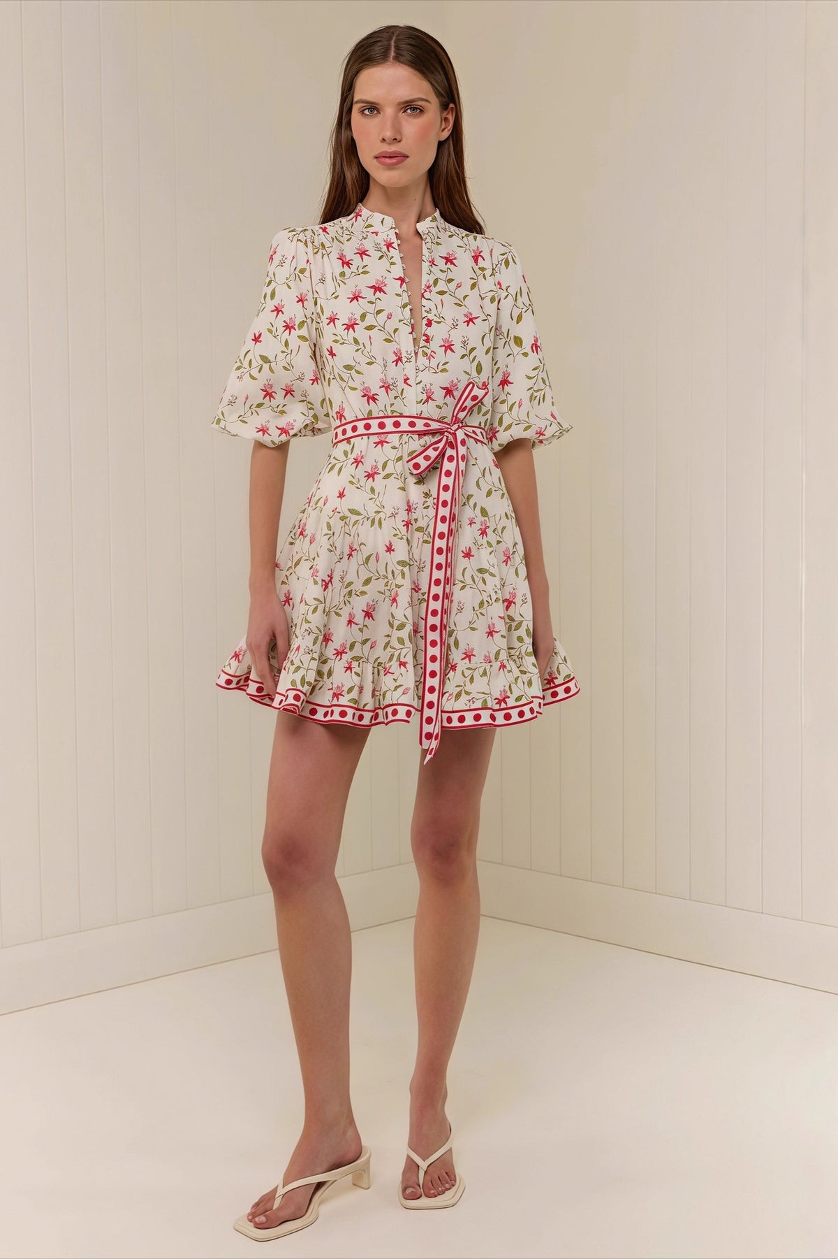 Floral High Neck Puff Sleeve Belted Fit and Flare Dress