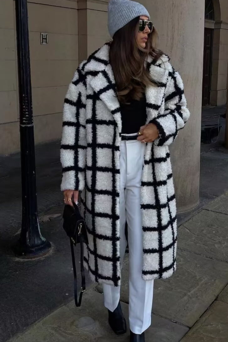 Plaid Faux Fur Long Coat - Fashionpara