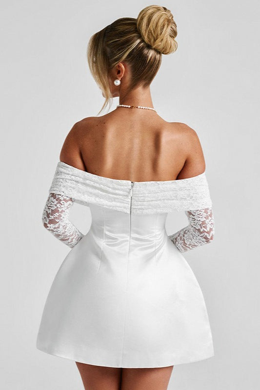 Off Shoulder Lace Long Sleeve Fit and Flare Mini Dress