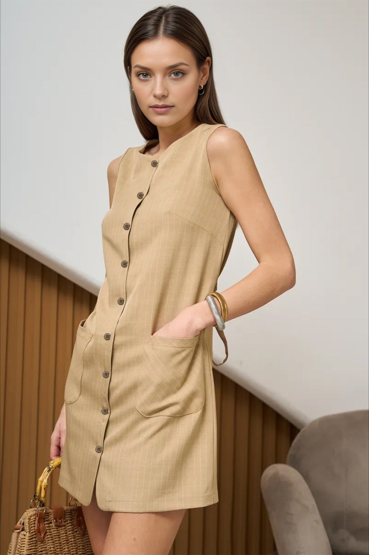 Pinstripe Sleeveless Button-Front Belted Mini Dress