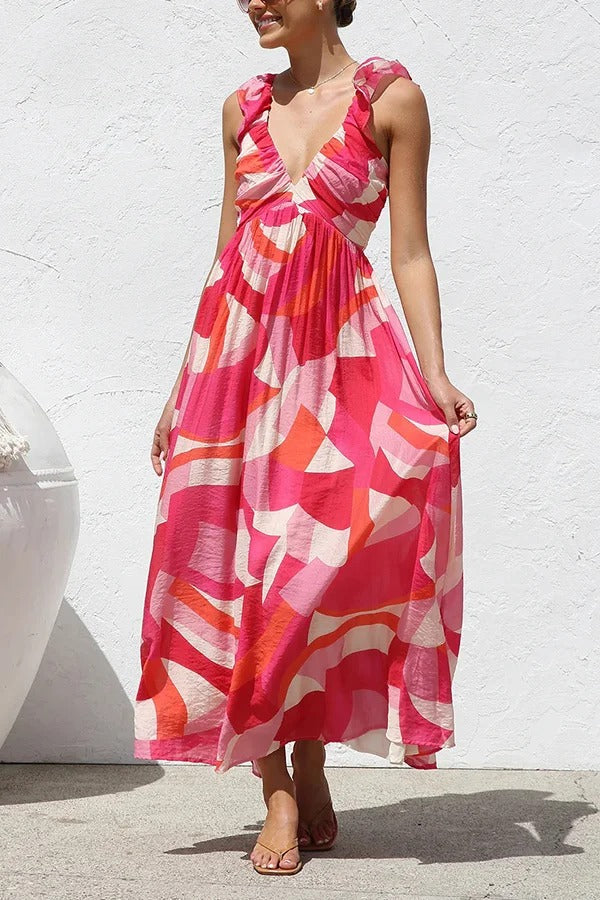 Unique Printed V-neck Ruffled Straps Pleated Back Maxi Dress - Fashionpara