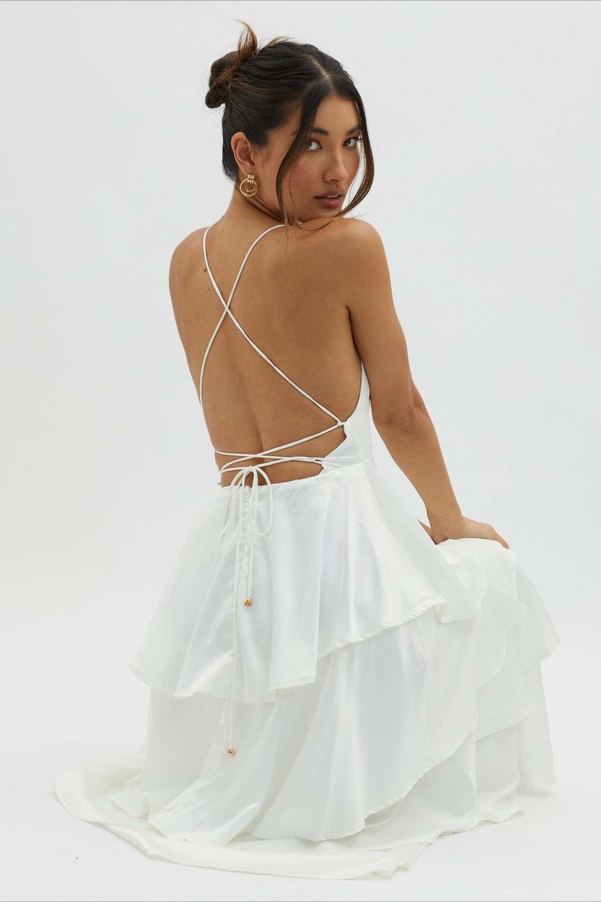 Satin Plunge V-Neck Tiered Ruffle Maxi Formal Dress