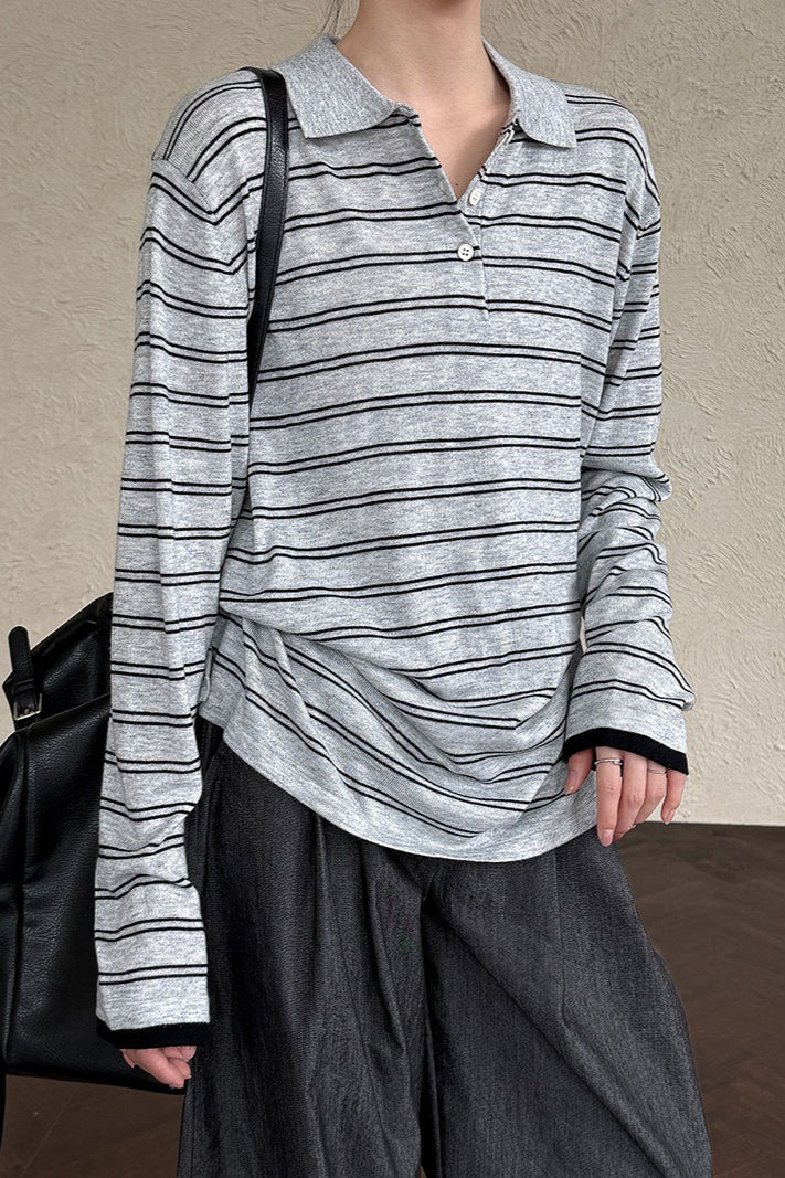 Soft Wool Striped Polo Collar Long Sleeve Long Sleeve Tee