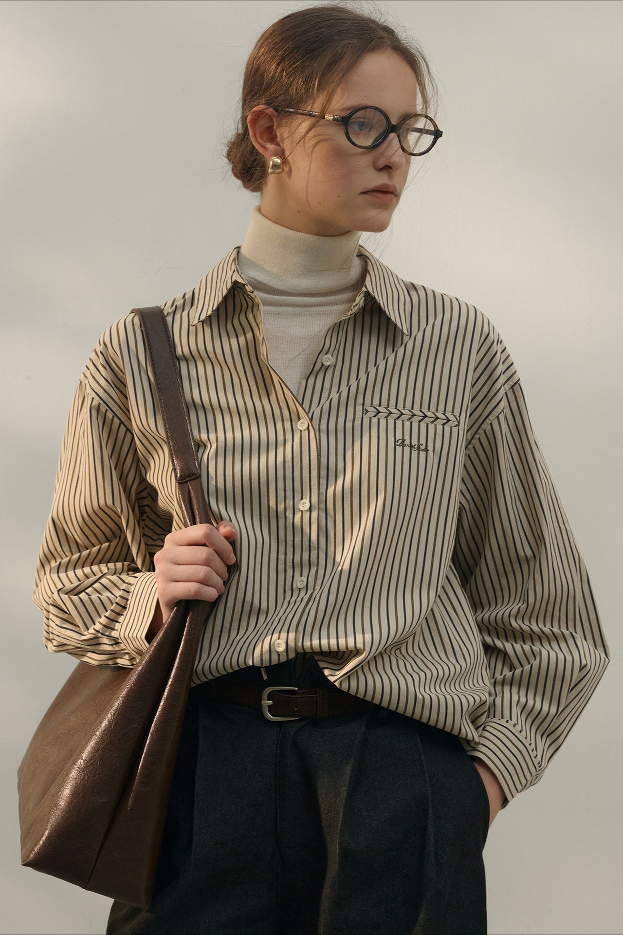 Vintage Color Block Stripe Collar Cotton Blouse