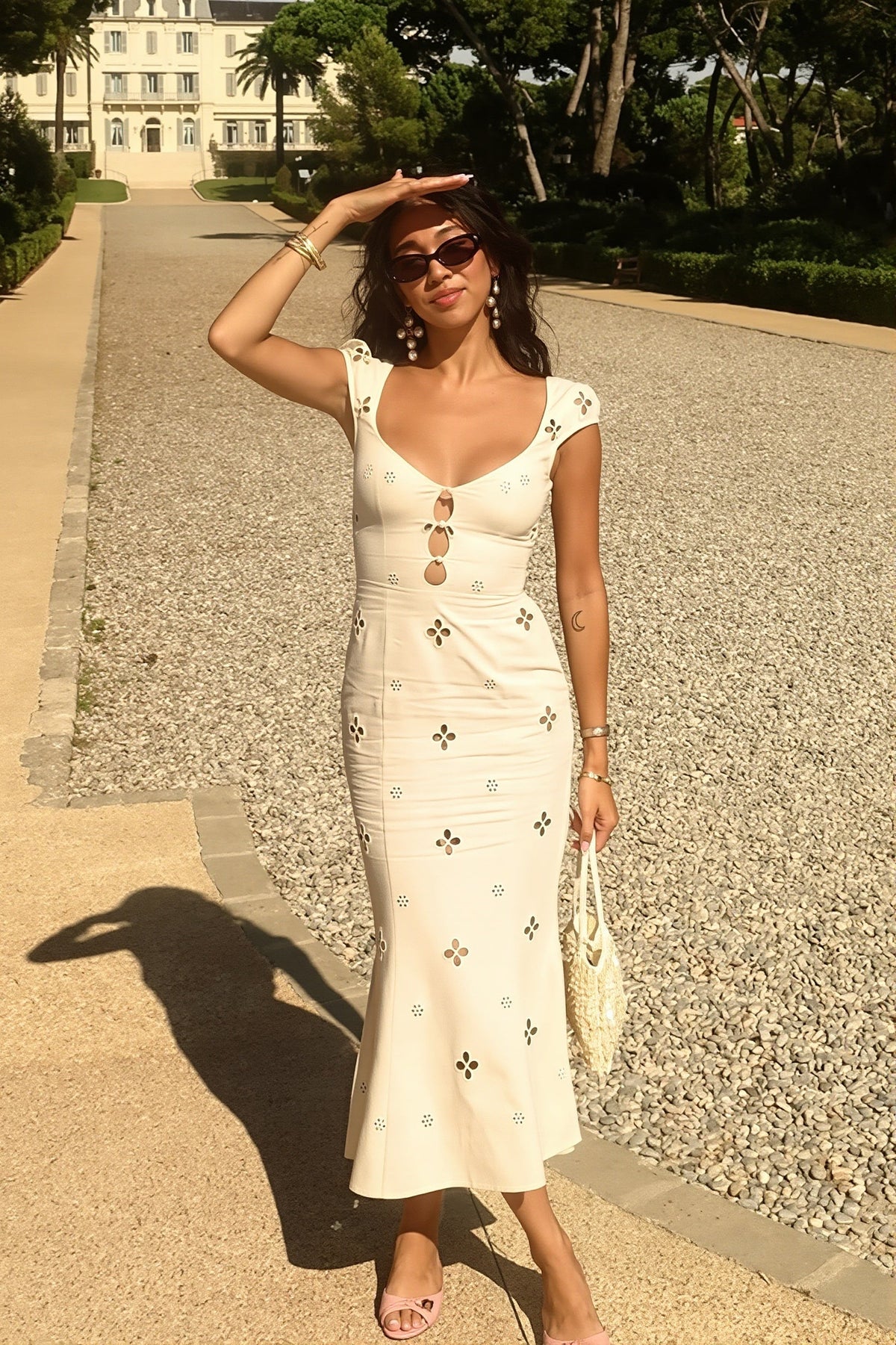Eyelet Sweetheart Cap Sleeve Cut Out Fishtail Maxi Dress