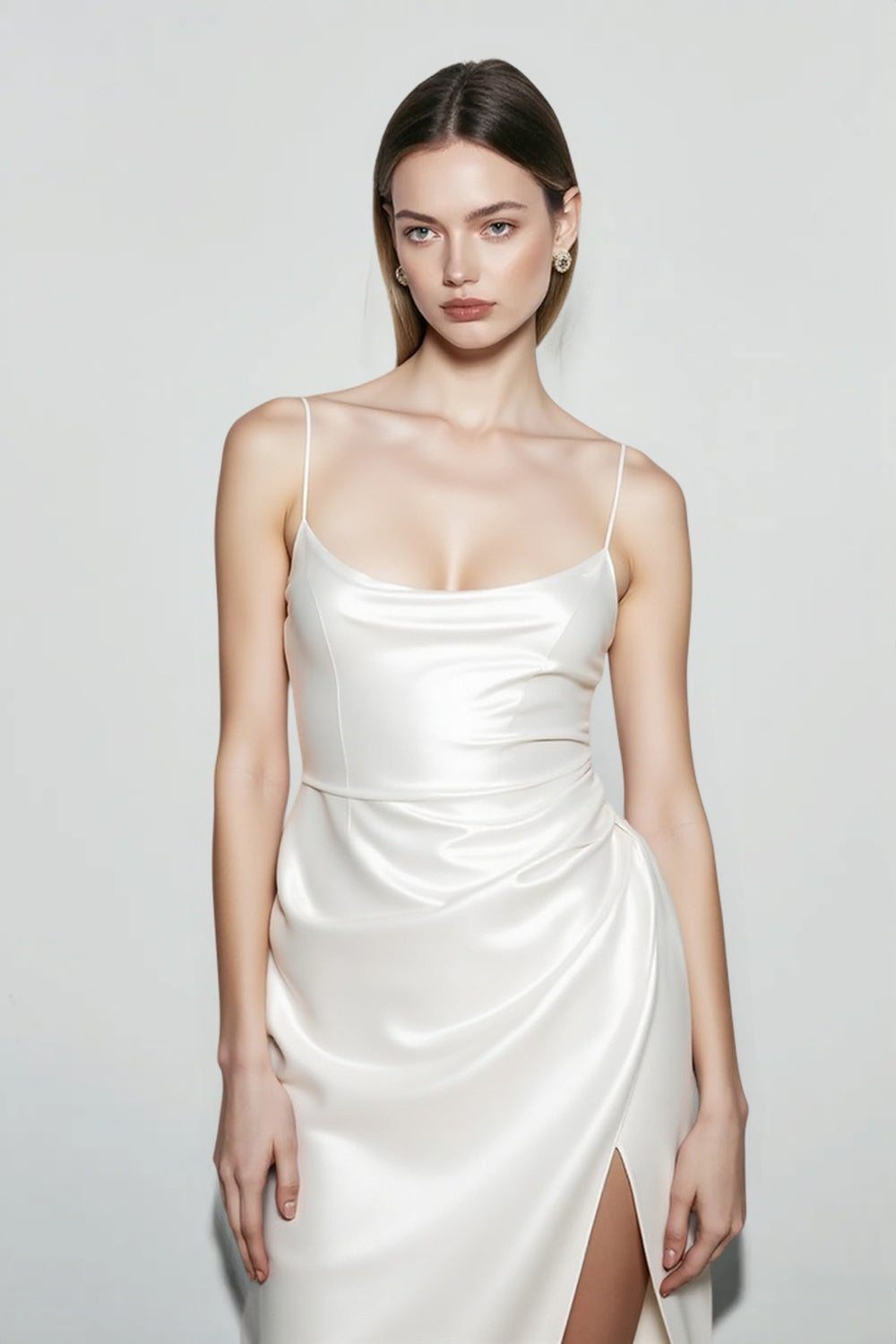 Satin One-Shoulder Cowl Neck Ruched High-Slit Maxi Dress