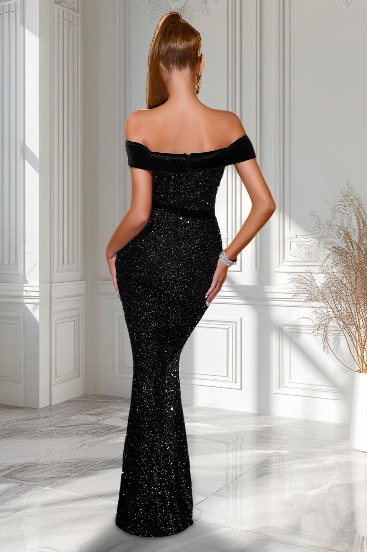 Sequin Off Shoulder Deep V-Neck High Split Mermaid Gown - View 3