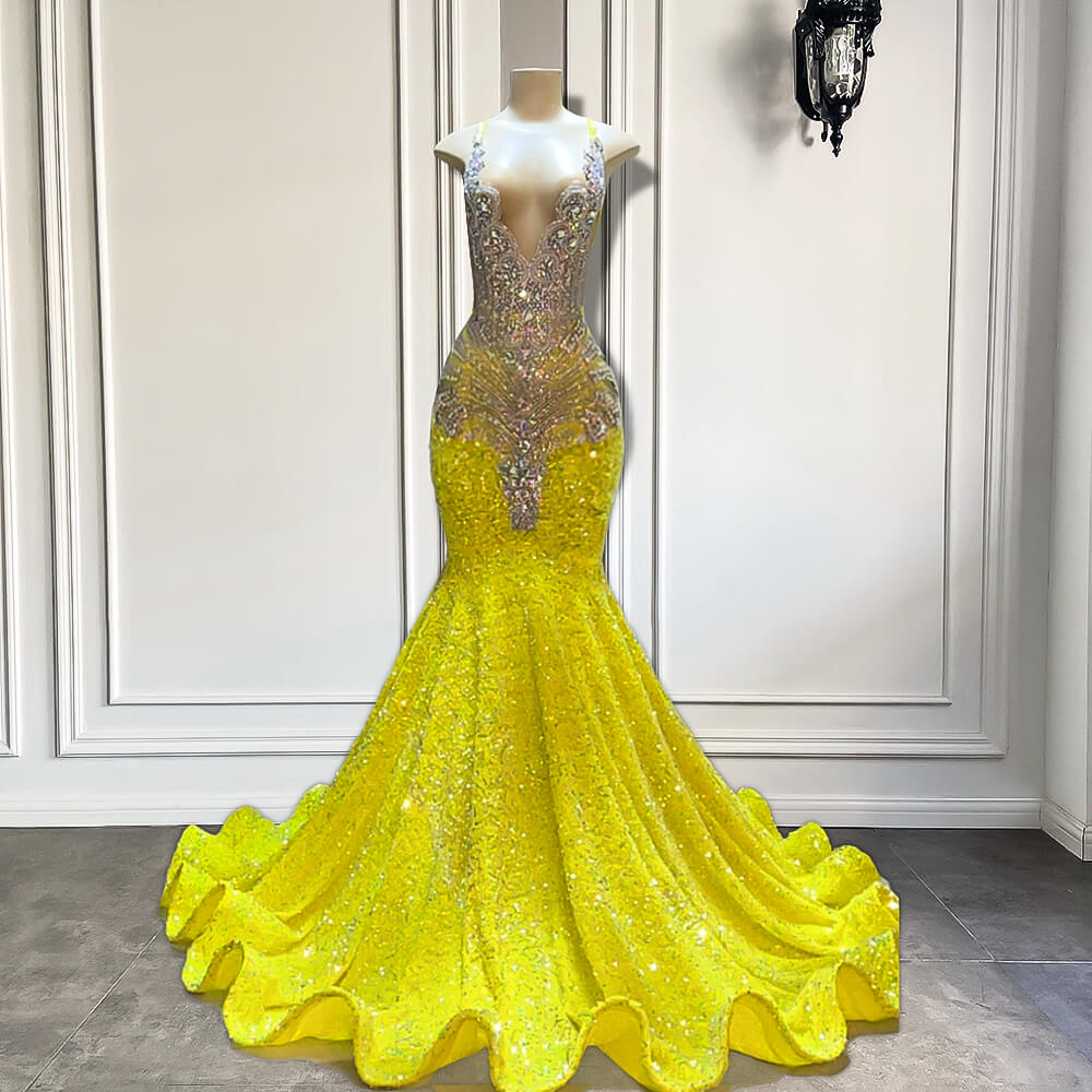Glamorous Yellow V-Neck Sleeveless Mermaid Long Prom Party Dresses Featuring Beads and Sequins - Fashionpara